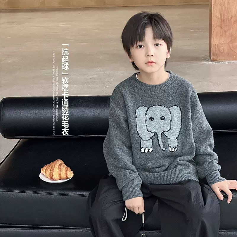 艾摩贝贝儿童2025秋冬洋气保暖针织衫男女童百花绒卡通绣花毛衣潮