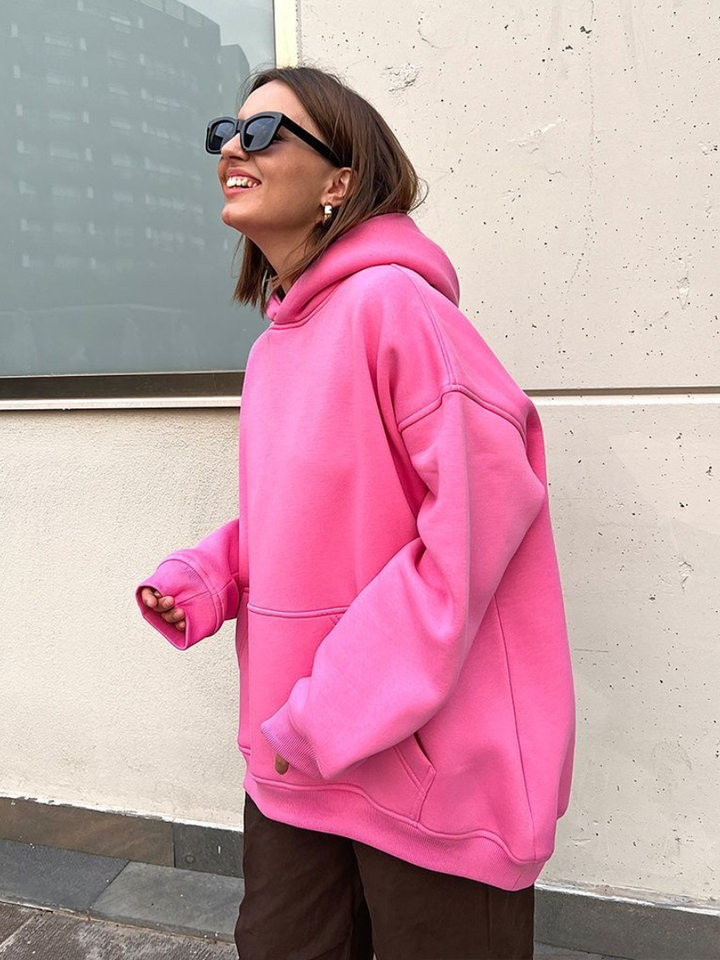 Áo hoodie nỉ lông dáng rộng có mũ và túi, tay dài, dáng unisex — Màu cà phê, Màu hồng, Màu xám, Màu đen chi tiết 26