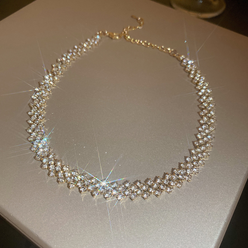 Rhinestones Inlay Material Luxurious Shiny Geometric Copper Inlay Rhinestones Necklace