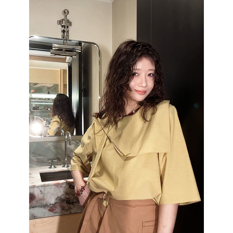 Designer Women's Clothing, All-Cotton Korean-Style Drape Collar Design Oversized Shirt