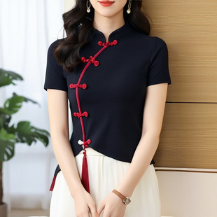 New Chinese Style Button-Up Top for Women, Summer Short-Sleeve T-Shirt, Short Slim-Fit Plus-Size Cheongsam Collar Blouse, Classical Dancewear