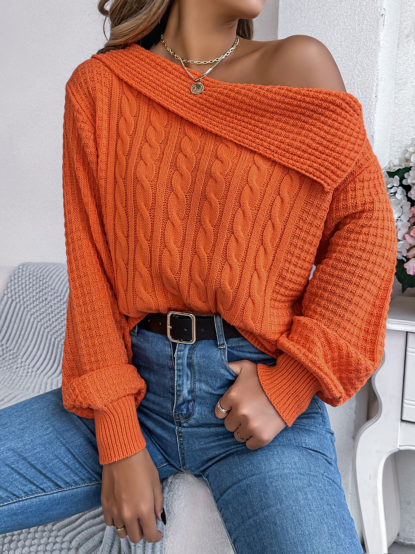 Women's Sweater Off Shoulder Lapel Twist Long Sleeve Pullover_voghion.com