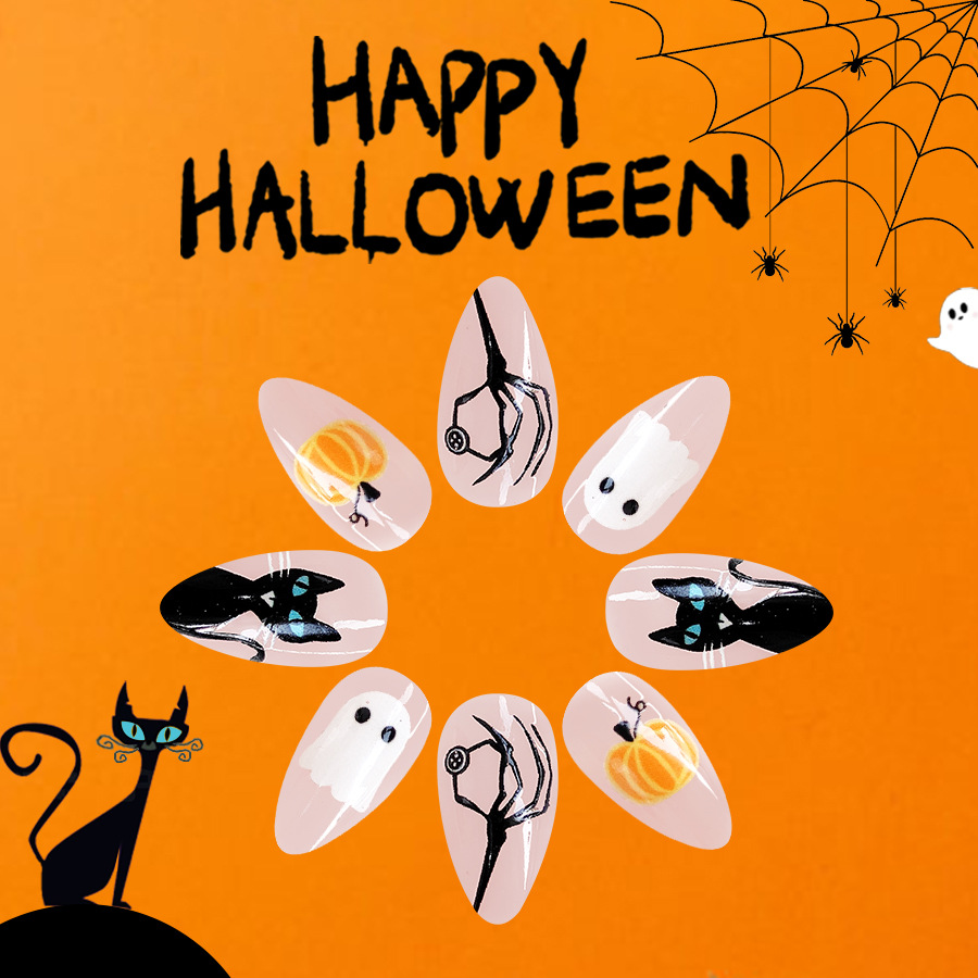 Cute Spider Web And Pumpkin False Nails For Halloween 24 Pieces_voghion.com