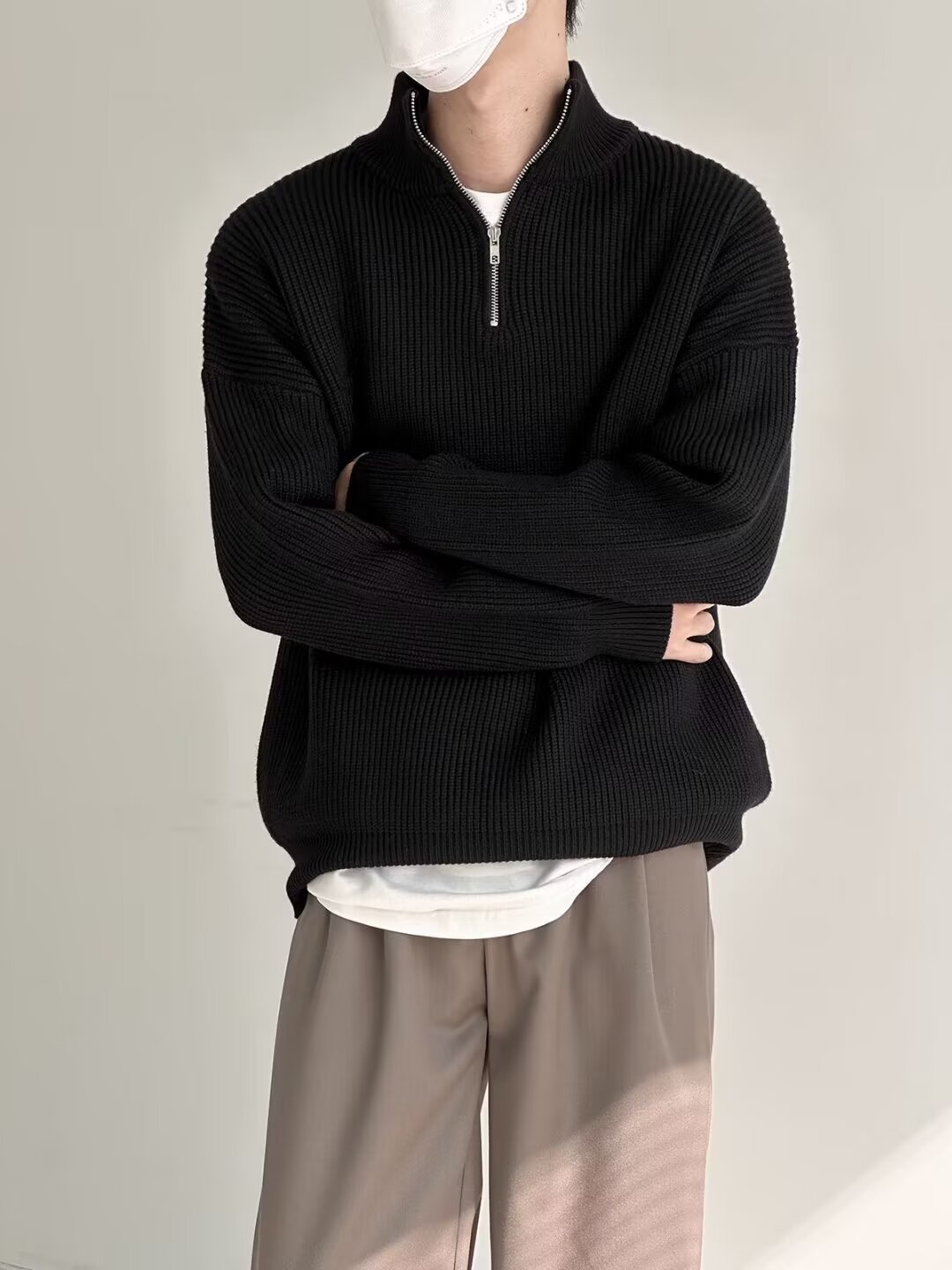 Suéter masculino de malha com meio zíper – Pulôver estiloso com tecido respirável e resistente a manchas (cinza/preto/azul/cáqui, tamanhos M-3XL)_voghion.com