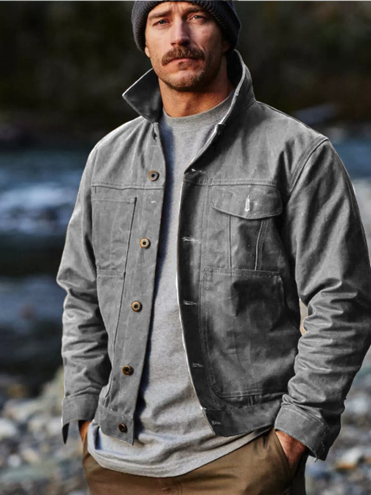 2025 primavera nueva chaqueta de hombre Amazon botón múltiple bolsillo europeo y americano chaqueta clásica retro independiente stand cardigan