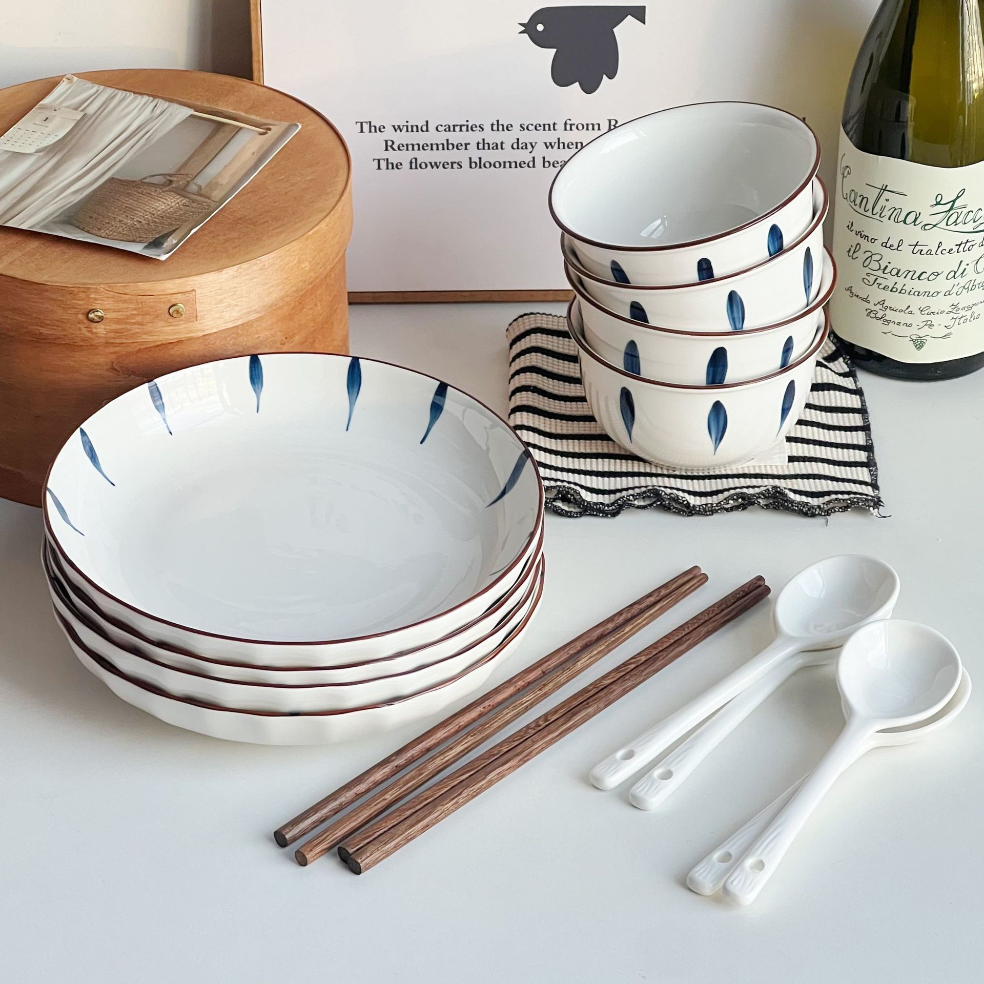 千叶风2025新款碗碟陶瓷饭碗釉下彩餐具ins风高颜值家用餐具圆盘