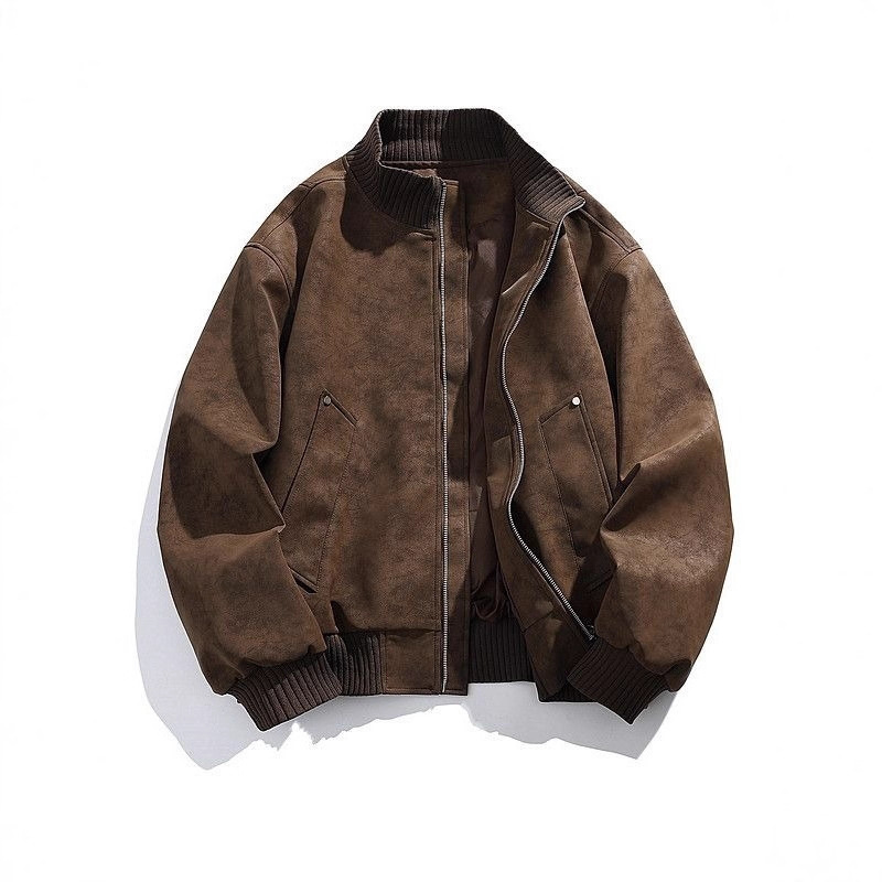 American-Style Pu Leather Jacket for Men and Women, Autumn and Winter Retro Stand Collar Baseball Jacket, Pilot Jacket, Trendy Versatile Loose Jacket