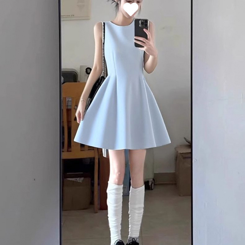 蓝色连衣裙女无袖夏日绝美漂亮小裙子多巴胺a字收腰掐腰短|undefined