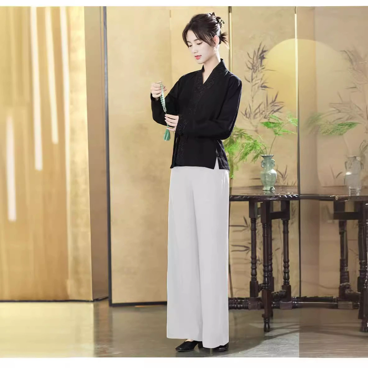 9673 реальный выстрел в наличии 2024 Весна Новая китайская живопись четырехспектральный жаккардовый ханьфу Топ с рукавами самолета брючный костюм