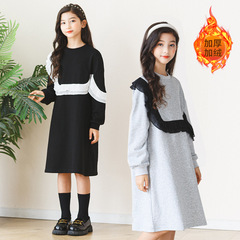 女童加絨冬裙2022新款韓版木耳邊寬鬆衛衣裙公主學生長袖連衣裙