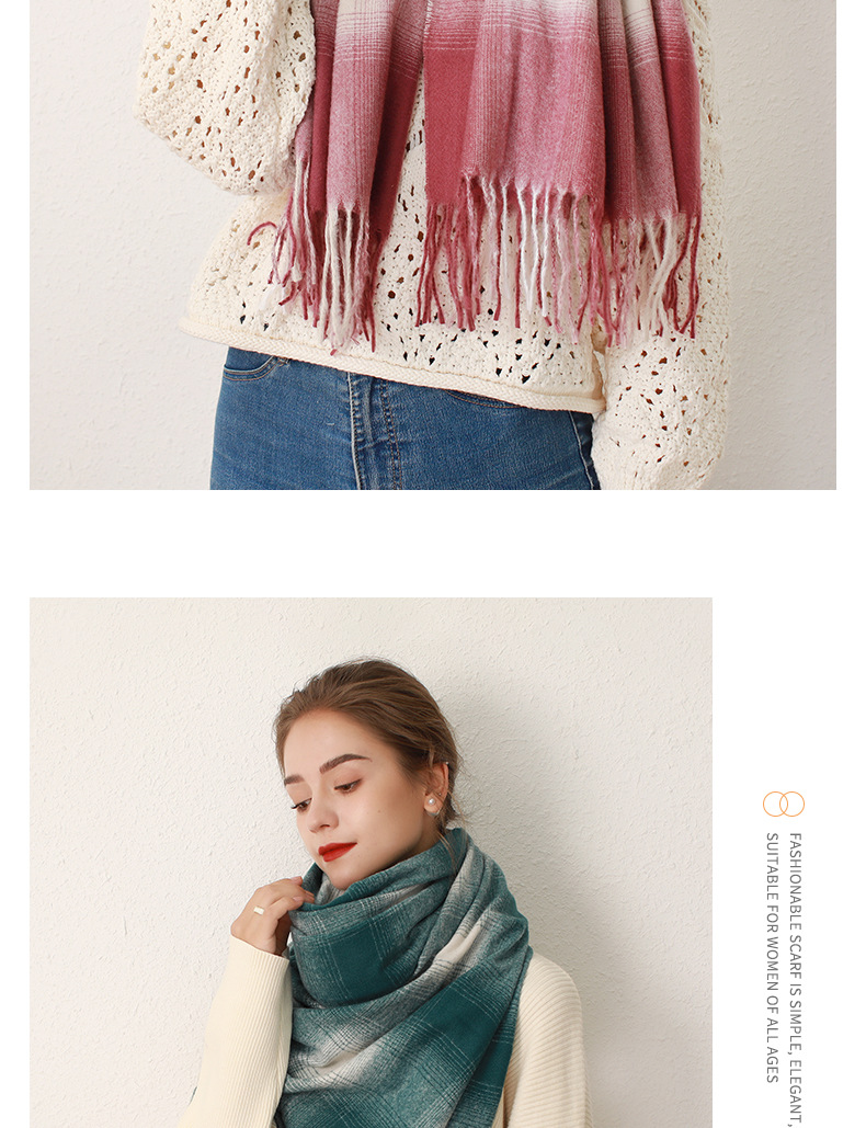 Gradient plaid faux cashmere tassel scarf for women's oversized warm and soft shawl_voghion.com