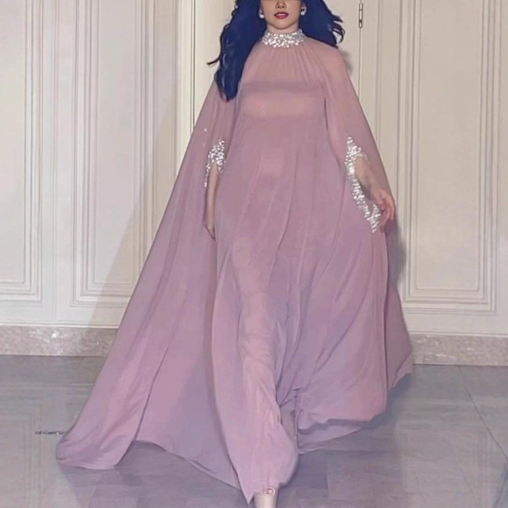 Elegant Chiffon Evening Dress With Cape And Beads Two Piece Set_voghion.com