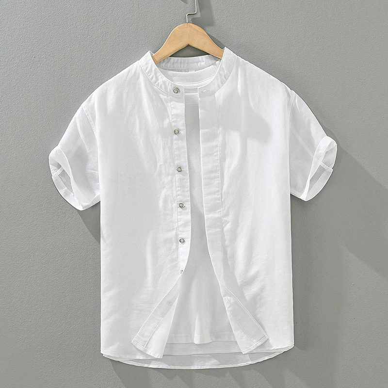 1283 Японский повседневный маленький воротник из хлопка с короткими рукавами рубашка с короткими рукавами для мужчин