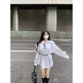 实拍实 含皮带韩版宽松百搭露肩显瘦条纹长袖衬衫上衣女