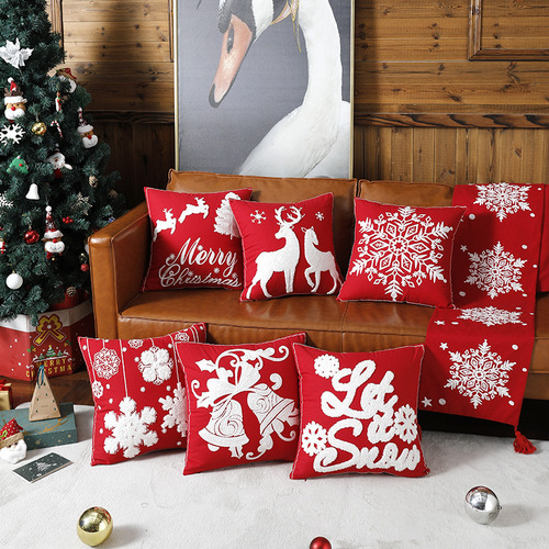 跨境亚马逊批发纯棉刺绣圣诞沙发靠垫套卡通麋鹿雪花圣诞节抱枕套