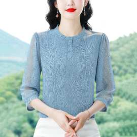 夏装新款时尚薄款花色衬衫妈妈洋气减龄宽松印花七分袖女上衣