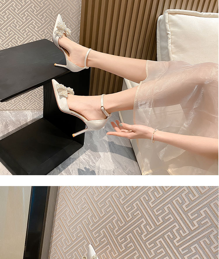 Z-52 Fiocco con diamanti Fata Bianco a punta alta Tacco sottile Singolo raso damigella d'onore Scarpe da sposa Sandali temperamento_voghion.com