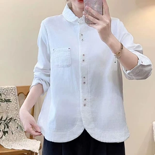 翻领短款双层棉纱衬衣女砂洗棉纱上衣柔软宽松百搭小个子透气衬衣