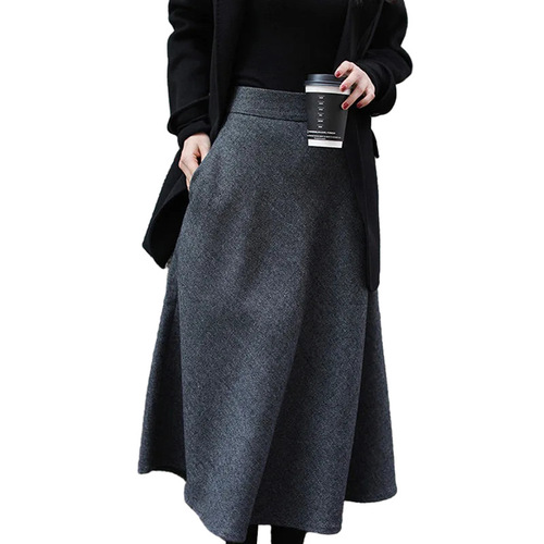 Winter thickened woolen skirt that covers the buttocks and looks slimming, herringbone pattern A-line skirt with large hem, versatile mid-length skirt wholesale