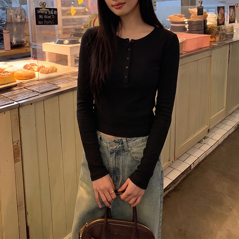 YOUYE2026 Autumn New Long Sleeve T-Shirt for Women, Korean Style Henley Collar Base Shirt, Stretchy Top, Women's Knitwear