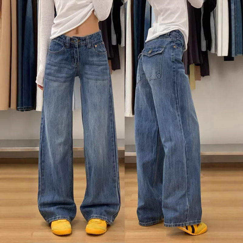 American-Style Spicy Girl Low-Waist Straight-Leg Jeans for Women, 2026 New Vintage Washed Design, Slimming Floor-Length Wide-Leg Pants