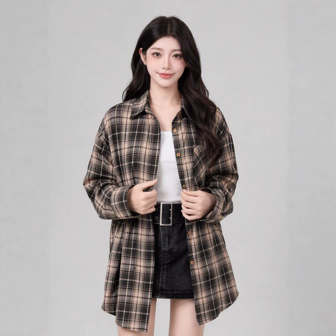 Early Autumn Plus Size 90kg Retro Plaid Shirt for Women, Stylish Thin Outerwear, Loose and Relaxed Fit, Versatile