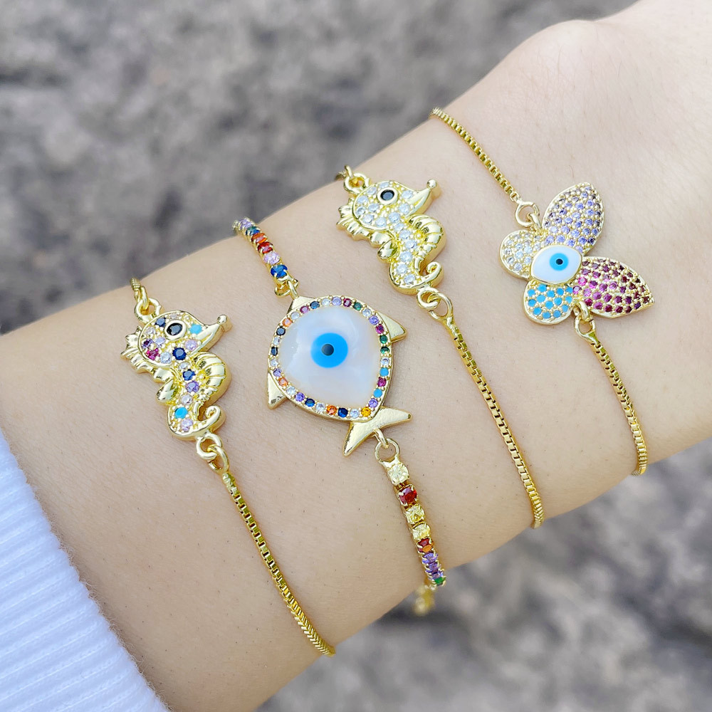 Fashion simple color zircon seahorse butterfly copper bracelet hand jewelry