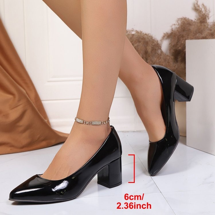 Women's Pointed-Toe Chunky Heel Pumps, Mid-Heel Office Commuting Shoes, Everyday Versatile Shallow High Heels_vogvips.com