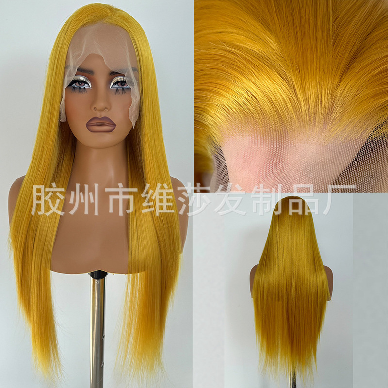 European and American Style Women's Golden Straight Long Wig 13*4 Hand-Tied Lace Wig Full Head Synthetic Fiber Wig
