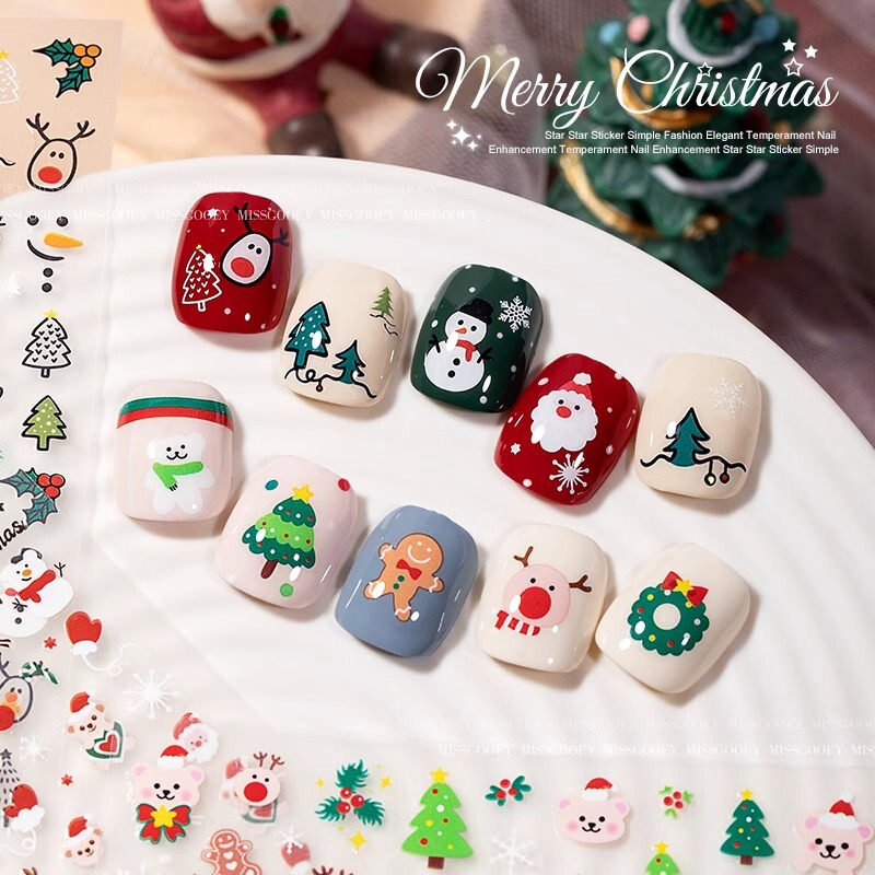 Christmas Nail Art Stickers Cute Cartoon Christmas Tree Old Man Snowflake Elk Back Glue Christmas Nail Stickers Small Stickers