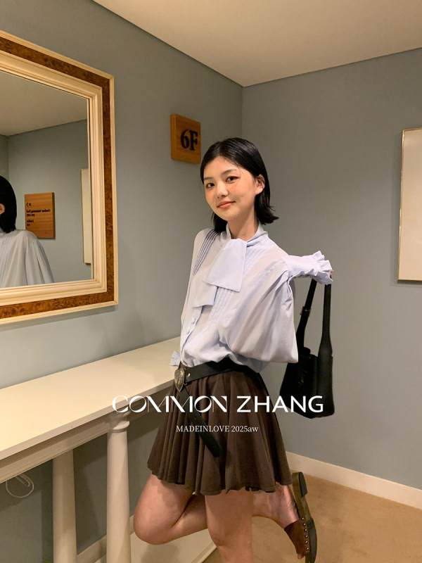 CZ ZHANG秋季法式气质文艺纯色花边拼接条纹围巾领天丝衬衫B33271|undefined