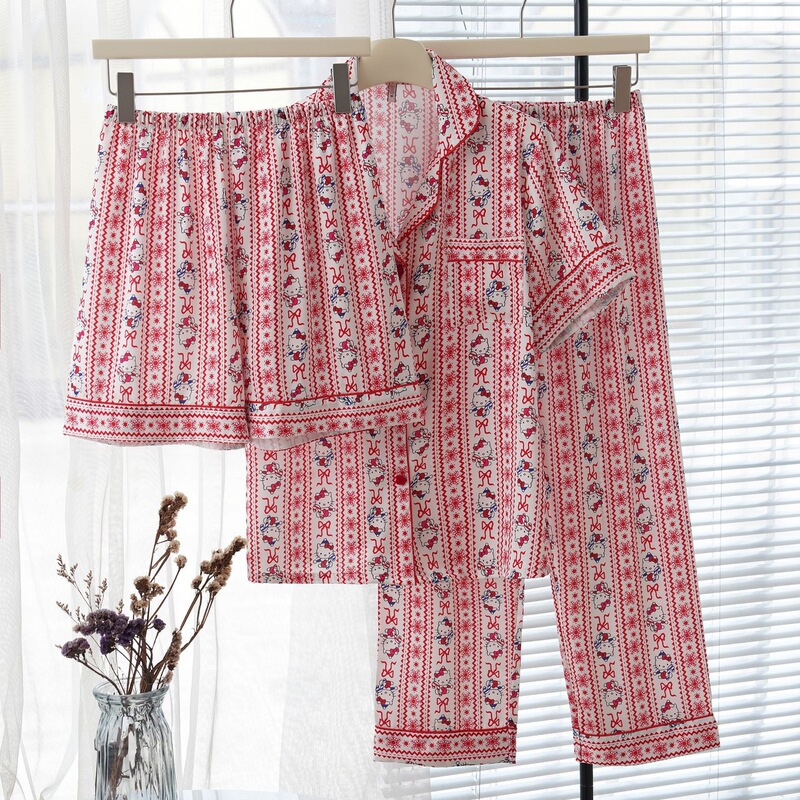女夏冰丝绸睡衣短袖长裤三件套KT女士夏季印花家居服INS风小红书|undefined