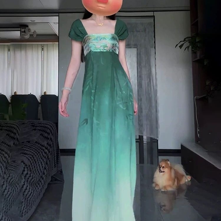 Jiangnan Lakeside New Chinese Style High-Chest Oil Painting Imperial Dress Retro Court Long Dress Floral Print French Han Element Dress