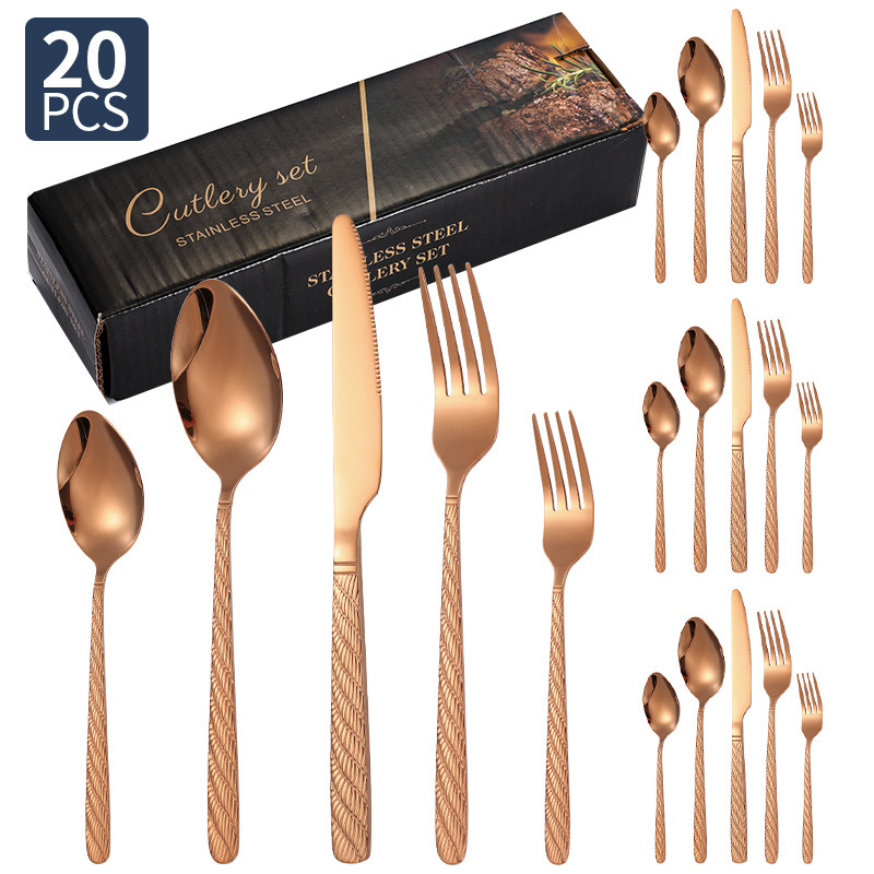 Vajilla de acero inoxidable de Amazon, bistec, cuchillo, tenedor, cuchara, cuerda de cáñamo, juego de 20/24/30 piezas, juego de cuchillo y tenedor de comida occidental de hotel