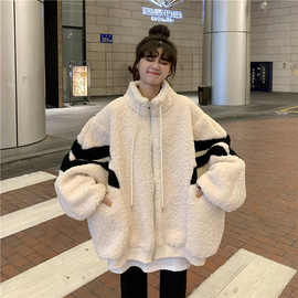 仿羊羔绒拼接条纹棒球服秋冬女宽松加厚外套跨境女装外贸批发eBay
