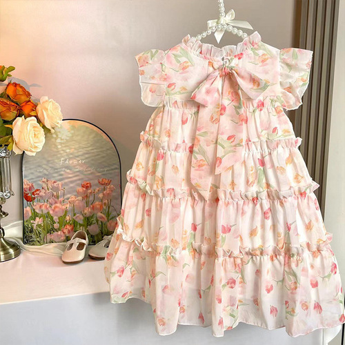 Floral Cake Dress for Girls 2024 New Baby Trendy Fashion Pink Princess Dress Cute and Ethereal Girls' Outfit