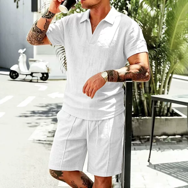 New Men's Cross-Border Linen Suit, Summer Casual Linen Lapel Short-Sleeved Shirt Two-Piece Set, European and American Style