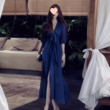 2025新款御姐蓝色v领雪纺连衣裙子女夏季巨好看收腰开叉长裙
