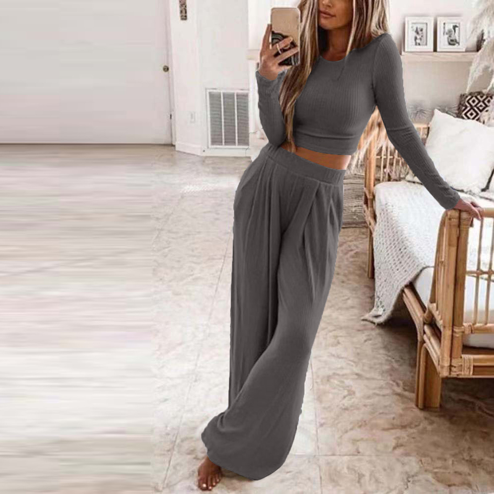 Women's Basic Solid Color Cotton Blend Polyester Patchwork Pants Sets display picture 2