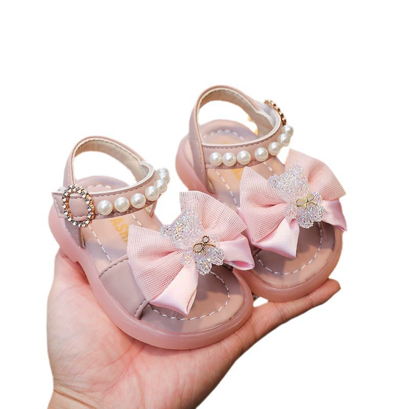 Summer children's footwear for early age with velcro, sandals with bow for princess, 0-3 years, soft sole