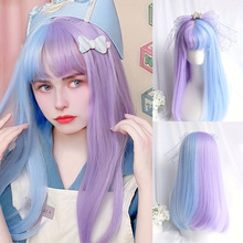 cos游戏人生长直发带天蓝色浅紫色30英寸女假发合成纤维合成假发