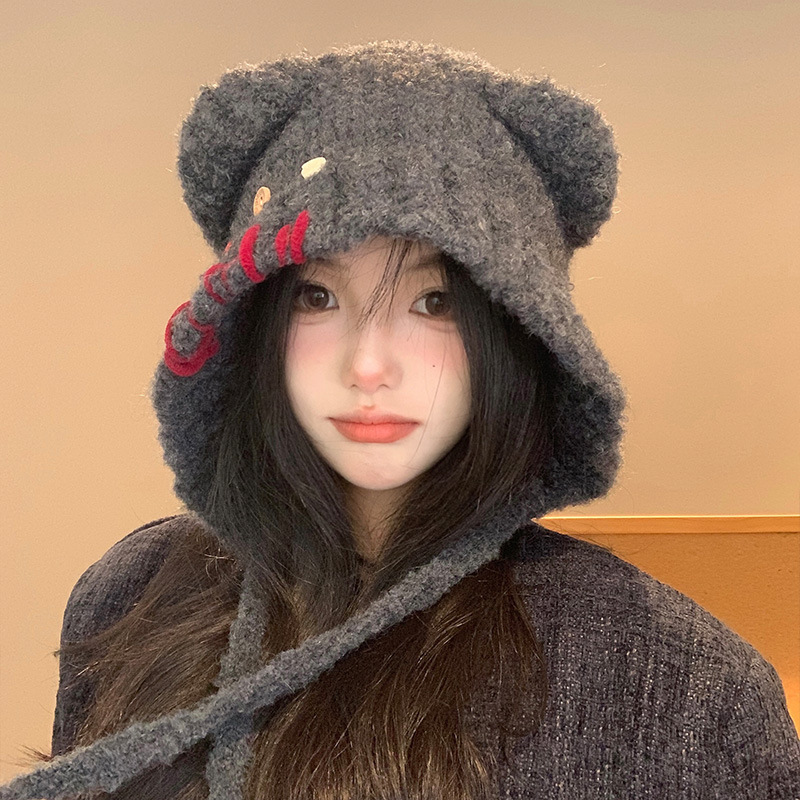 蝴蝶结猫耳朵毛绒帽女秋冬季条纹护耳针织帽显脸小保暖毛线帽子|undefined