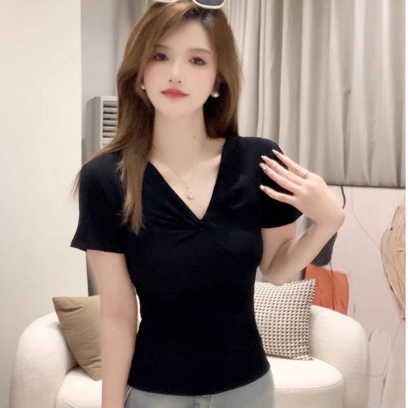 v领扭结设计感t恤女夏纯欲辣妹短袖打底衫修身显瘦上衣女|undefined