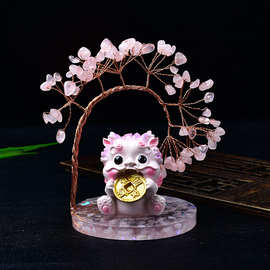 天然白黄粉紫水晶碎石发财树摆件貔貅招财树家居办公桌面白送装饰