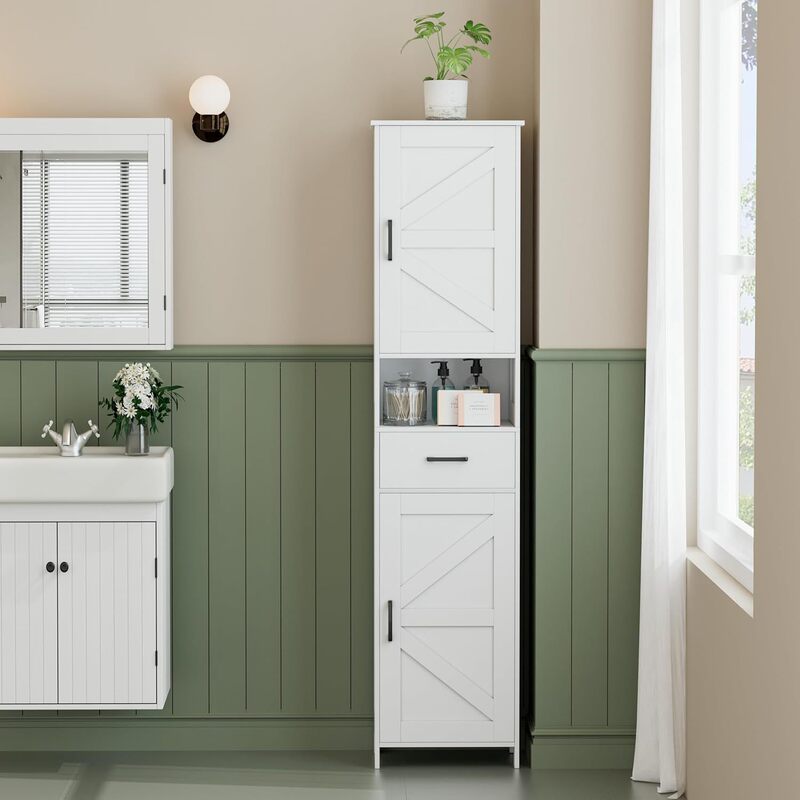 Tall bathroom storage cabinet with 2 barn doors and 1 drawer, narrow storage unit with adjustable shelves