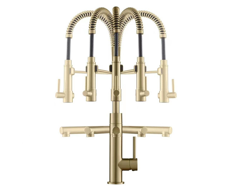 The contemporary all-copper cold and hot single handle island kitchen from Germany features a magnetic sink for washing vegetables, a pull-out flower shower, and a rotatable faucet details Picture