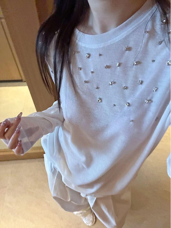 白色圆领宽松百搭休闲长袖t恤女内搭早秋爆款镶钻微透打底衫上衣|undefined