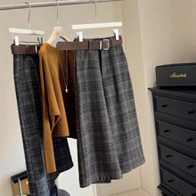 复古毛呢格子高腰休闲裤女2025秋冬季新款宽松显瘦百搭八分阔腿裤