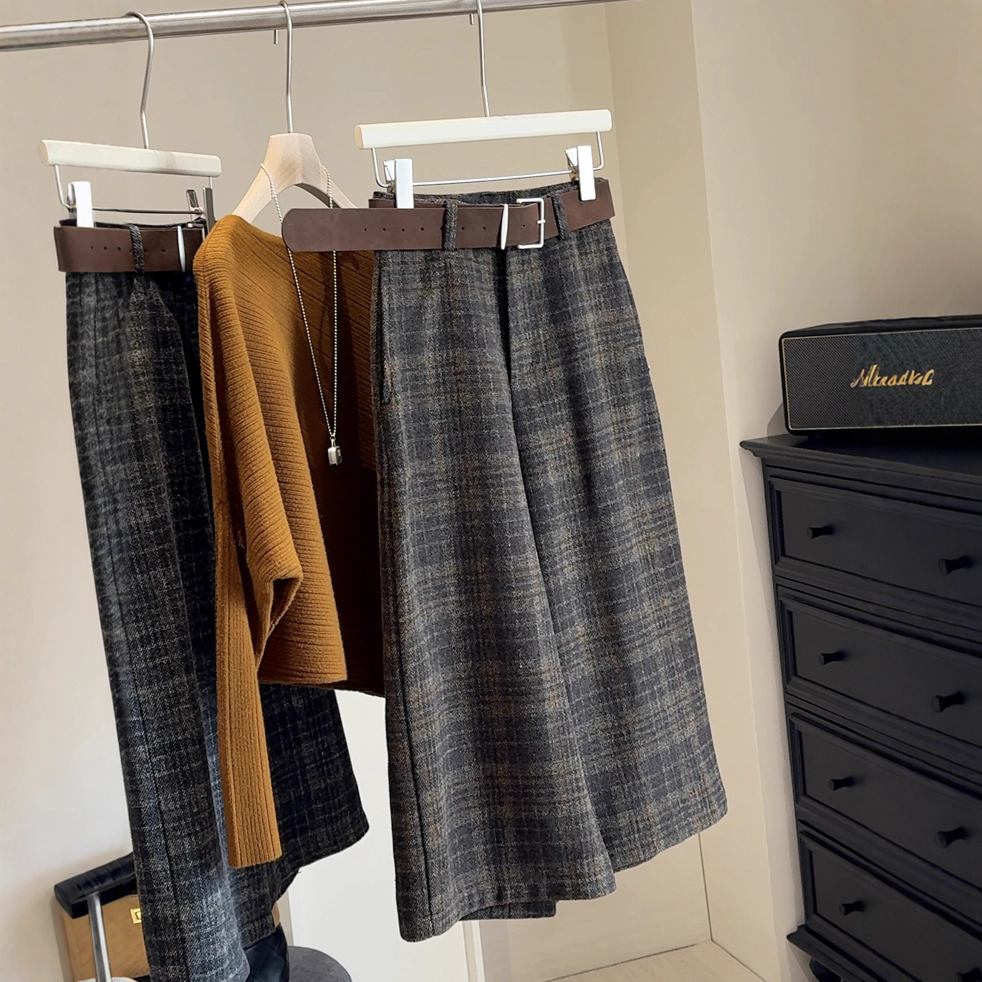 复古毛呢格子高腰休闲裤女2025秋冬季新款宽松显瘦百搭八分阔腿裤