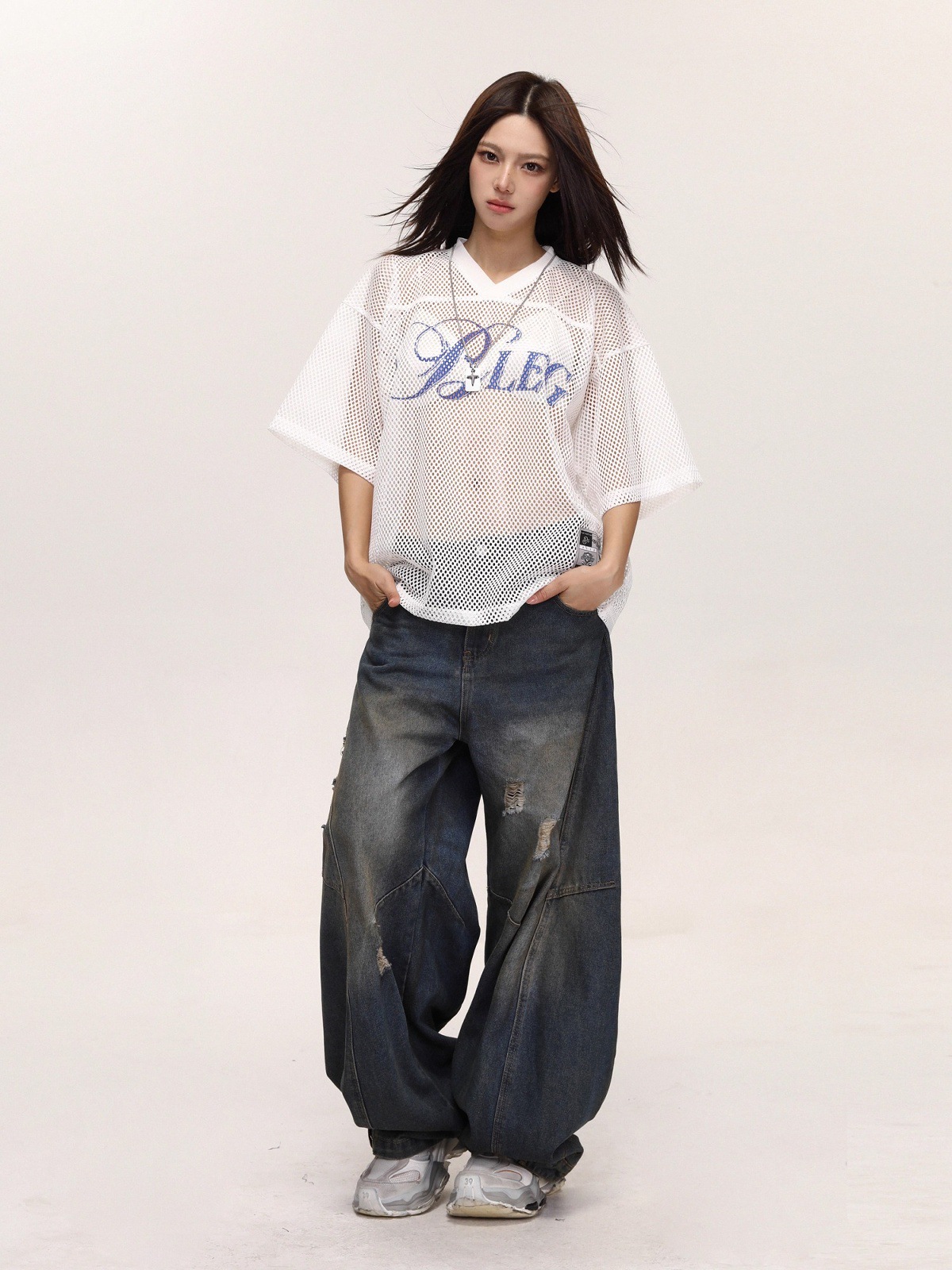 Mesh T-shirt Mit V-ausschnitt Und Buchstabenprint Unisex Sommer_voghion.com